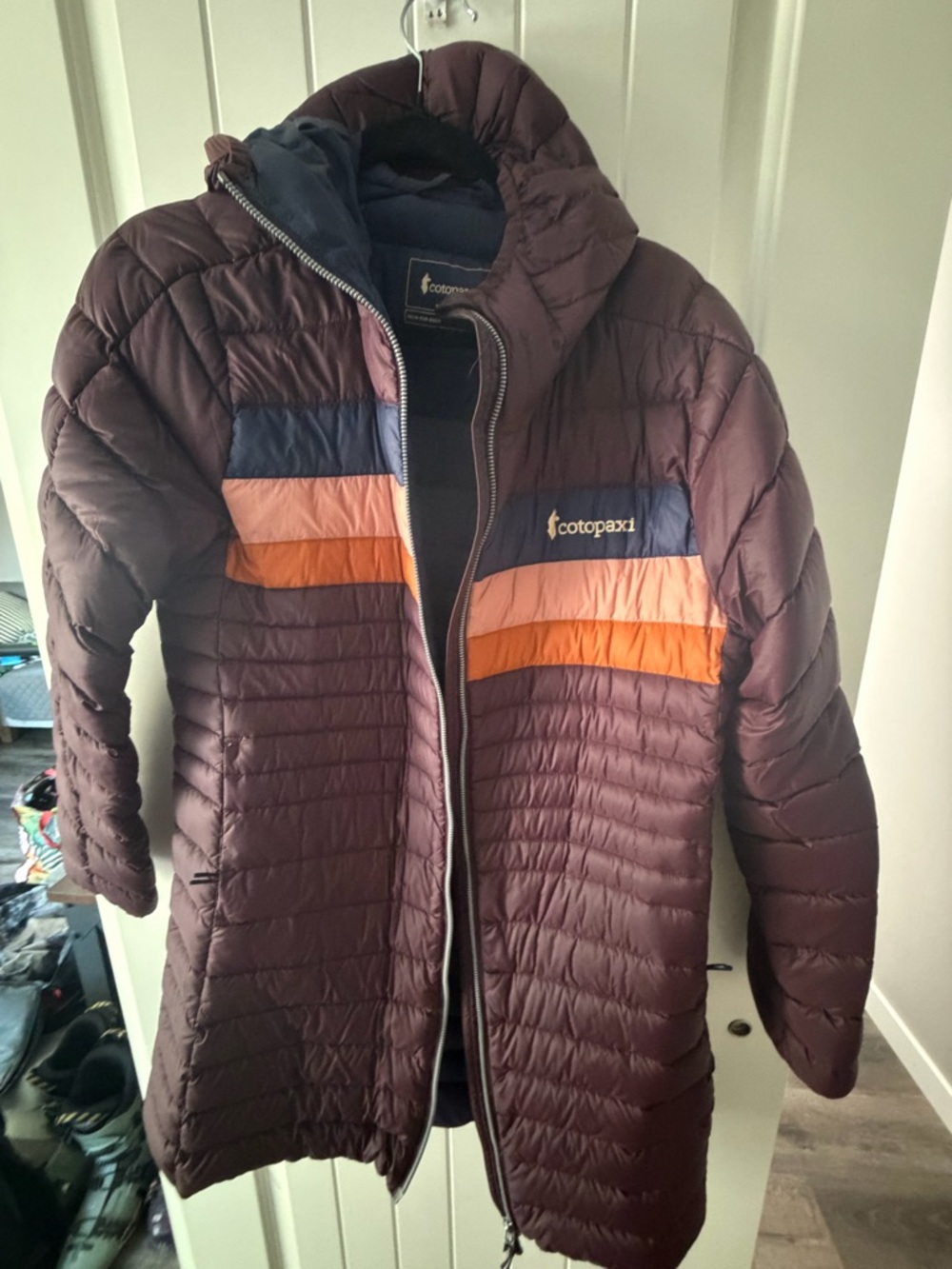 cotopaxi Plum Quilted Long Puffer Coat with Navy, Peach & Orange Stripes